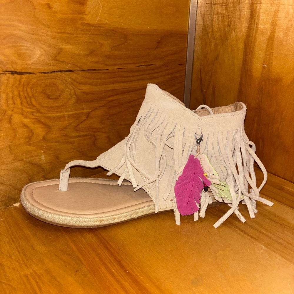 Koolaburra Cream Fringe Sandals with Pink and Green Accents
